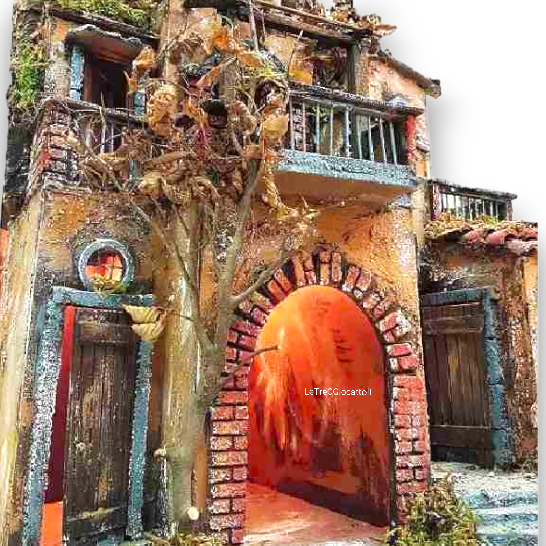 Presepe a Borgo stile 700 con luci e fontana 50x70x40 cm