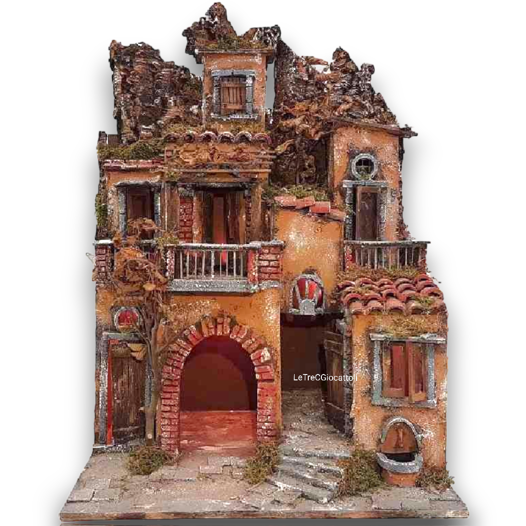 Presepe a Borgo stile 700 con luci e fontana 50x70x40 cm