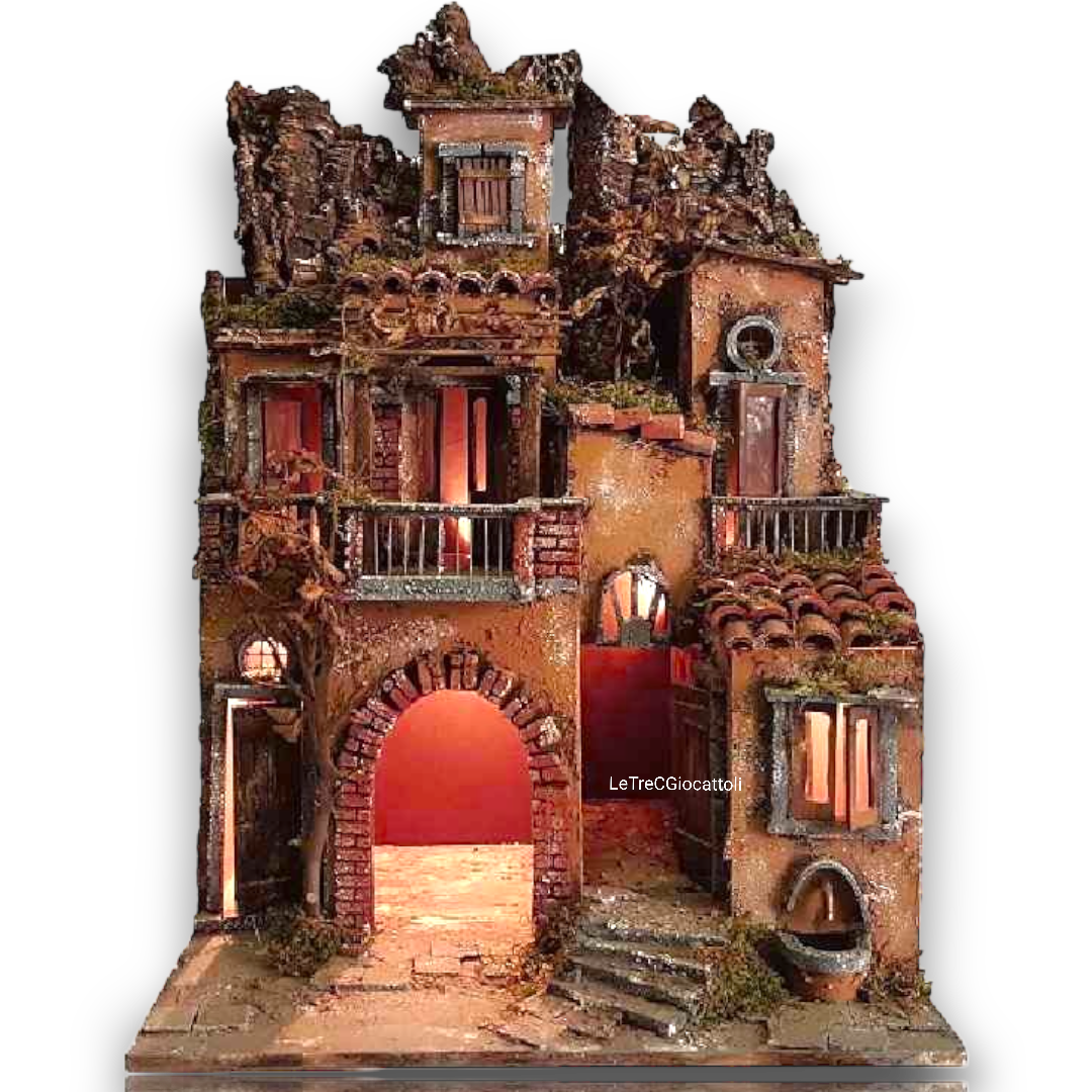 Presepe a Borgo stile 700 con luci e fontana 50x70x40 cm