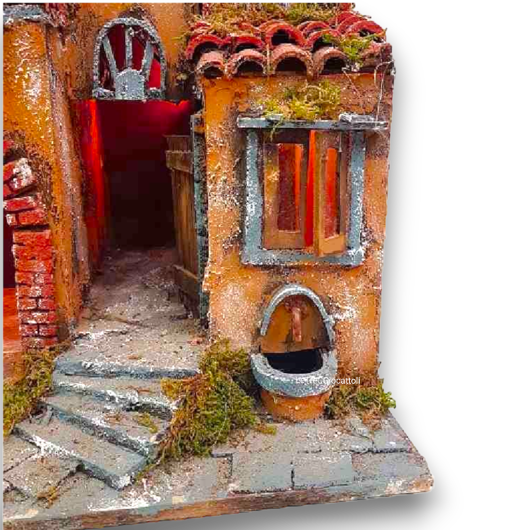 Presepe a Borgo stile 700 con luci e fontana 50x70x40 cm