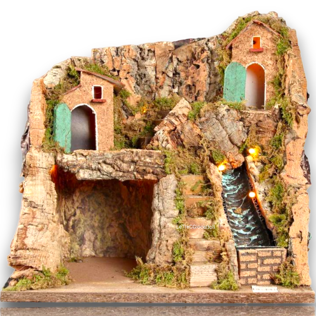 Presepe napoletano artigianale con ruscello e luci 30x20x28 cm