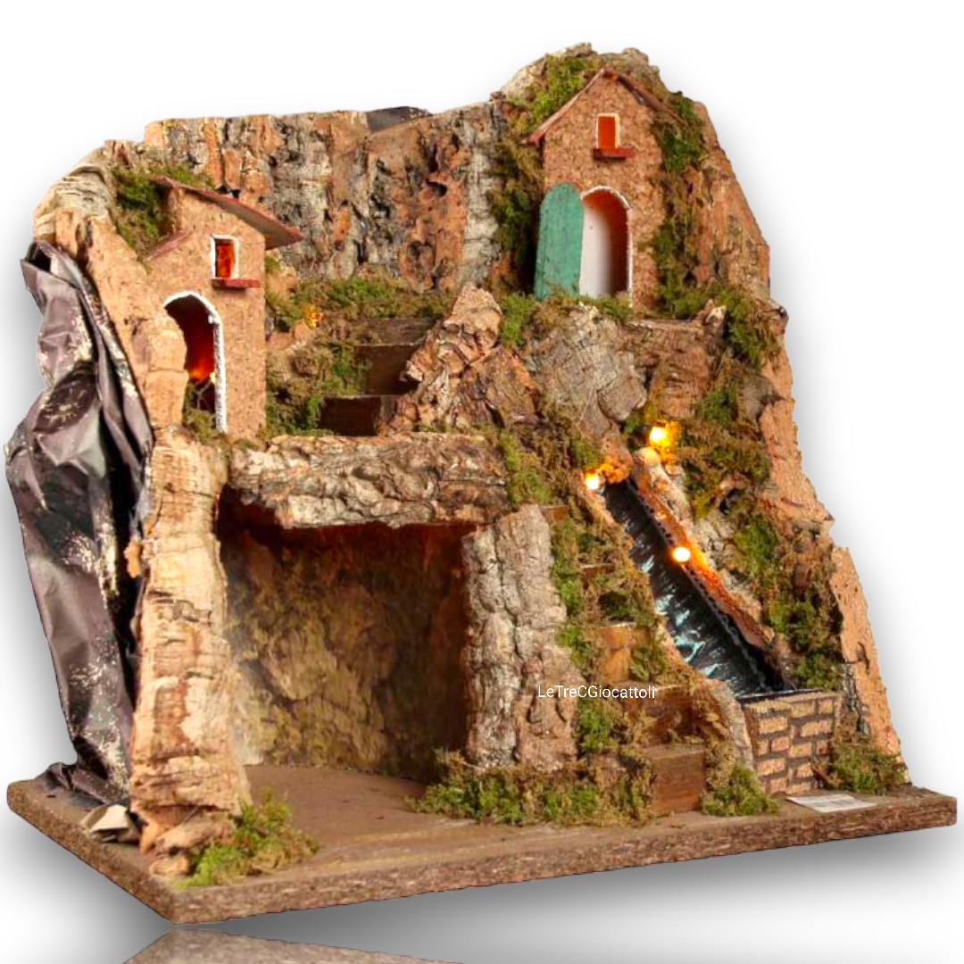 Presepe napoletano artigianale con ruscello e luci 30x20x28 cm