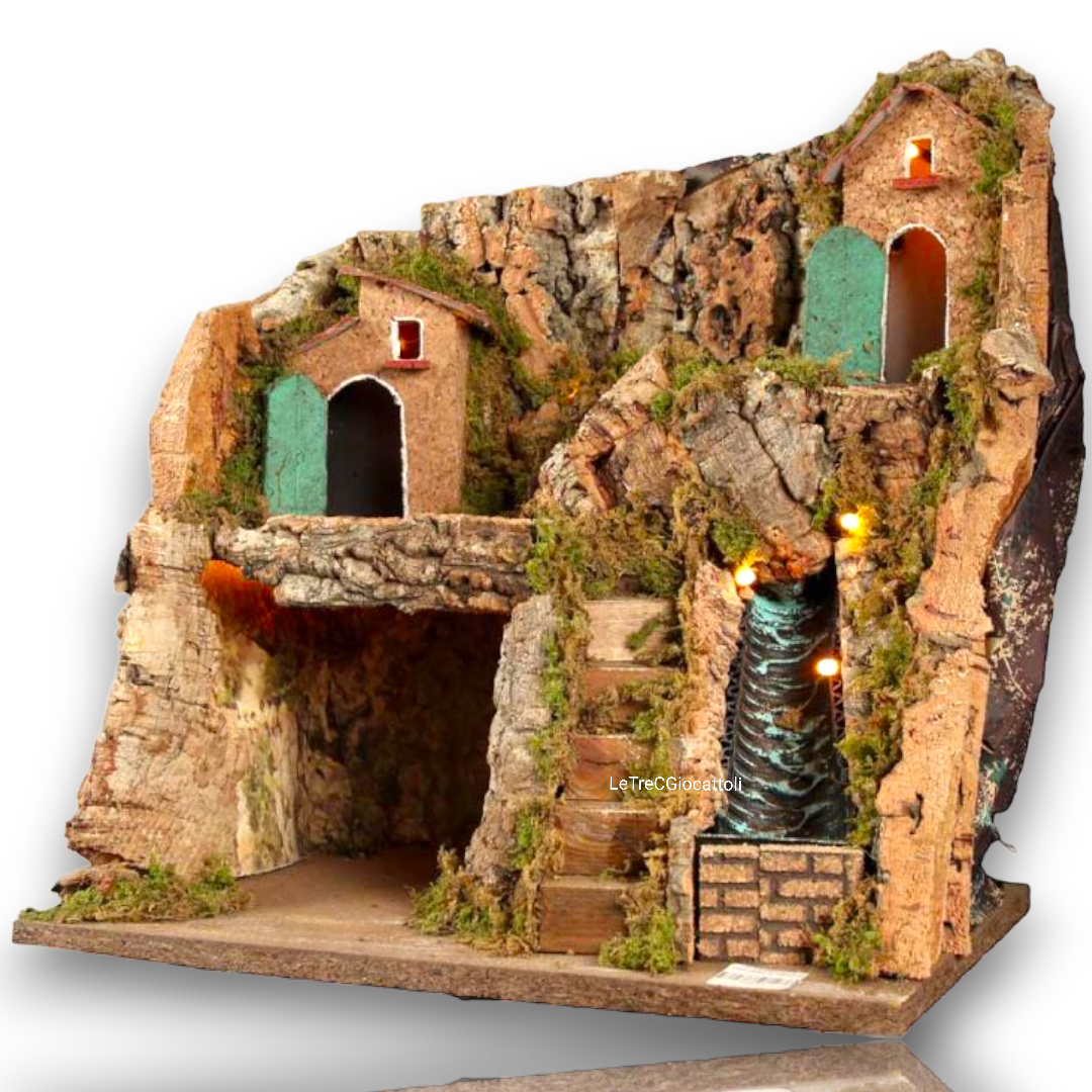 Presepe napoletano artigianale con ruscello e luci 30x20x28 cm