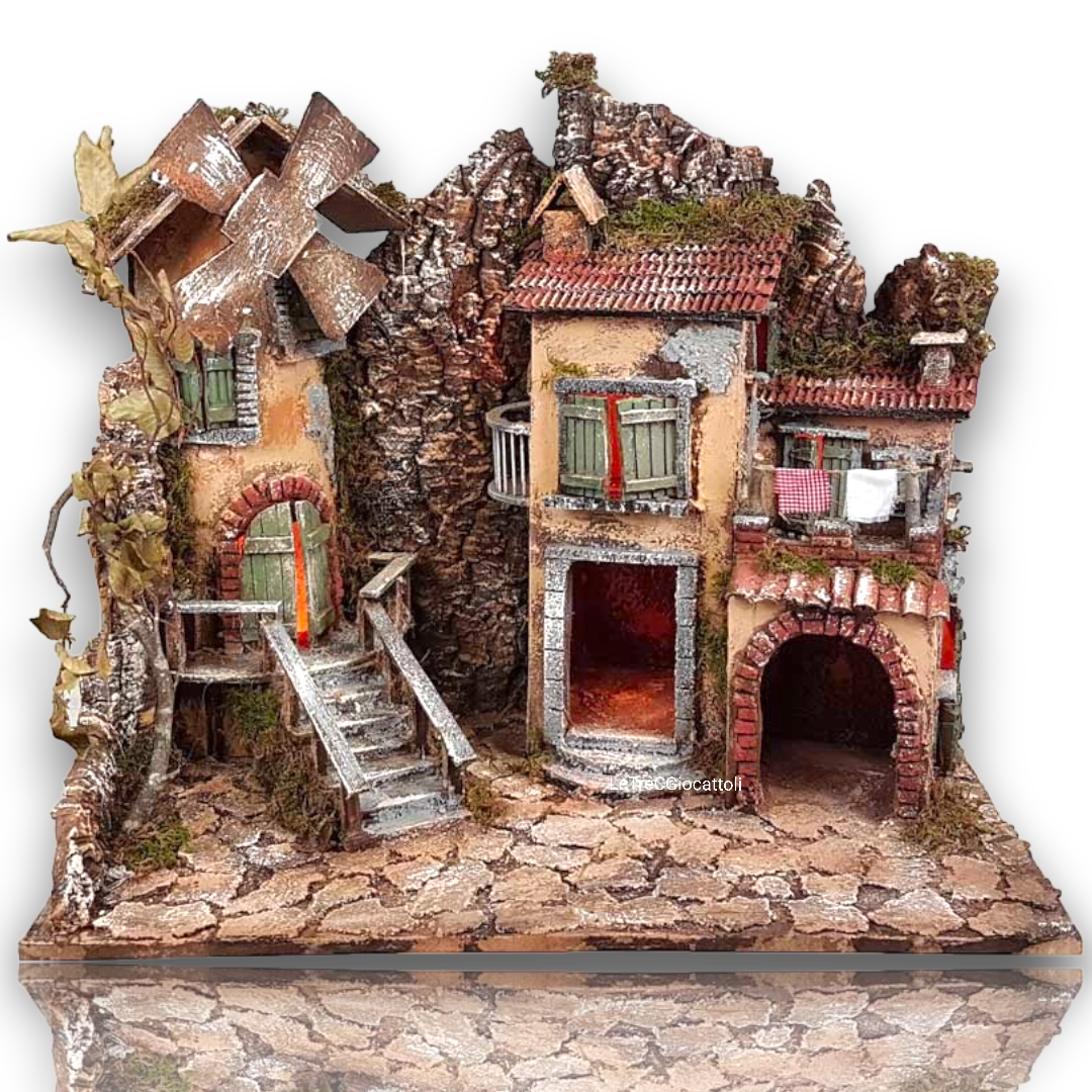 Presepe casolare antico con mulino a vento e luci 60x40x51 cm