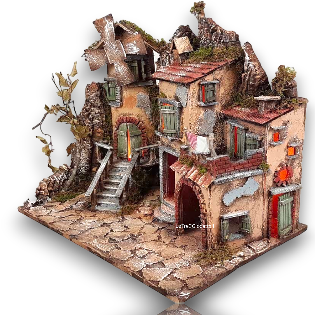 Presepe casolare antico con mulino a vento e luci 60x40x51 cm