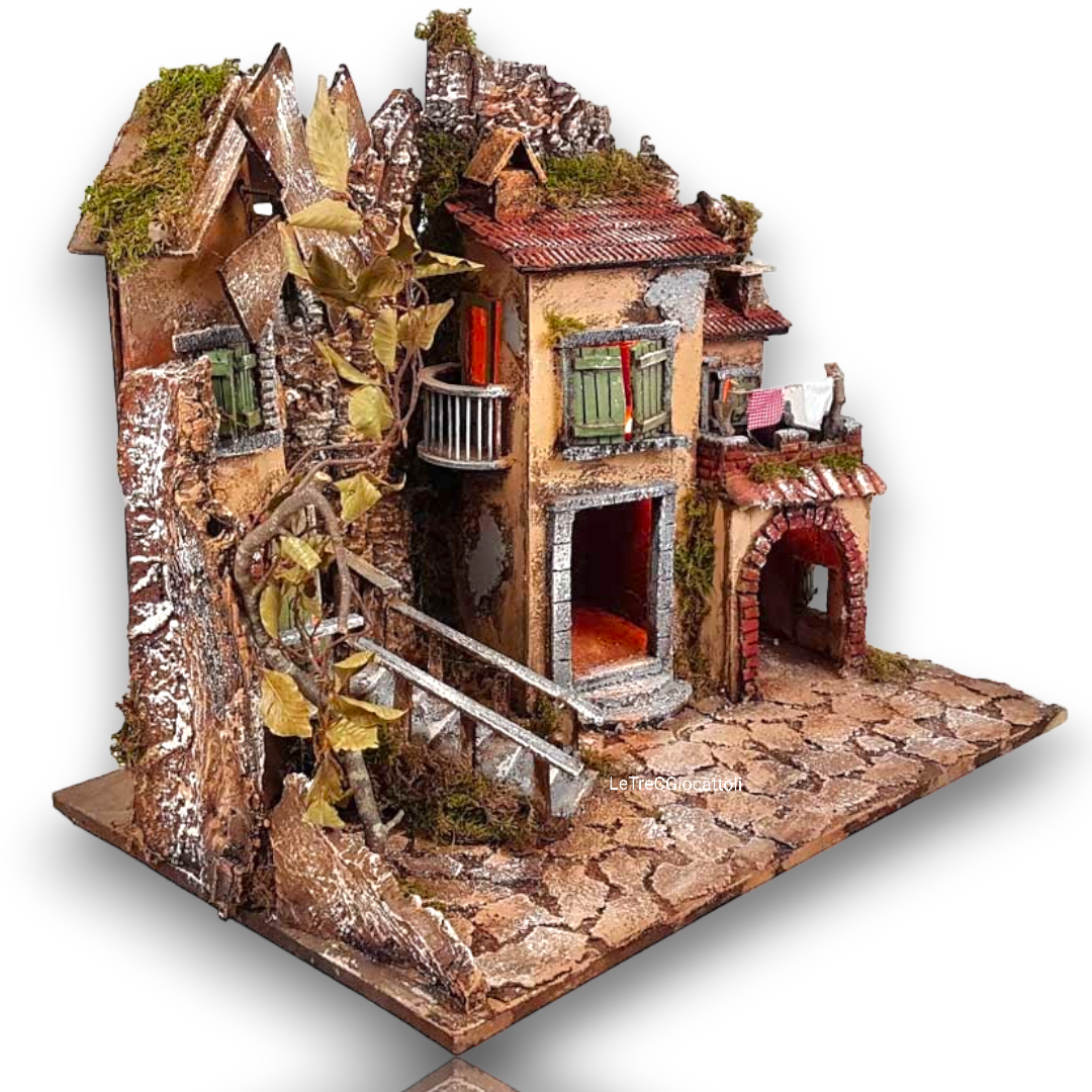 Presepe casolare antico con mulino a vento e luci 60x40x51 cm
