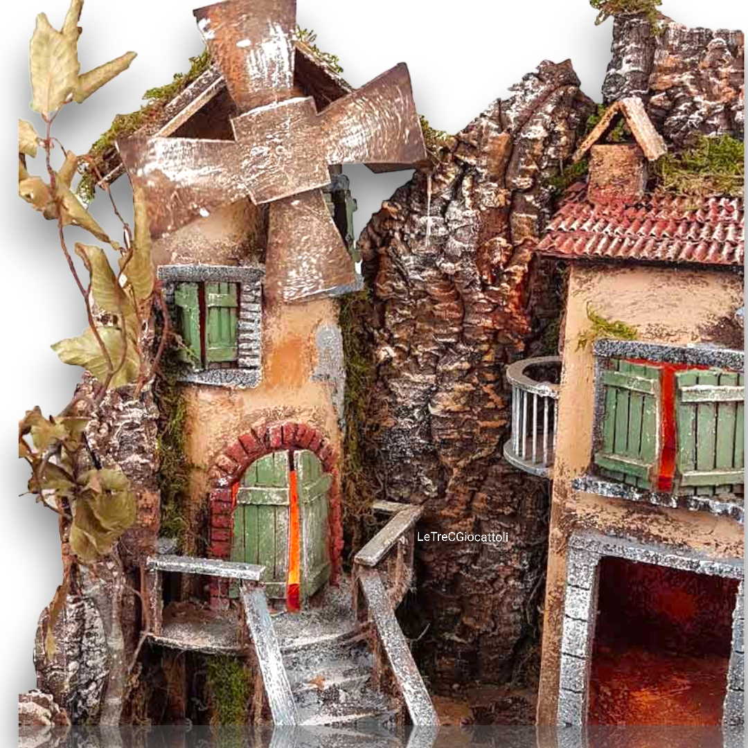 Presepe casolare antico con mulino a vento e luci 60x40x51 cm
