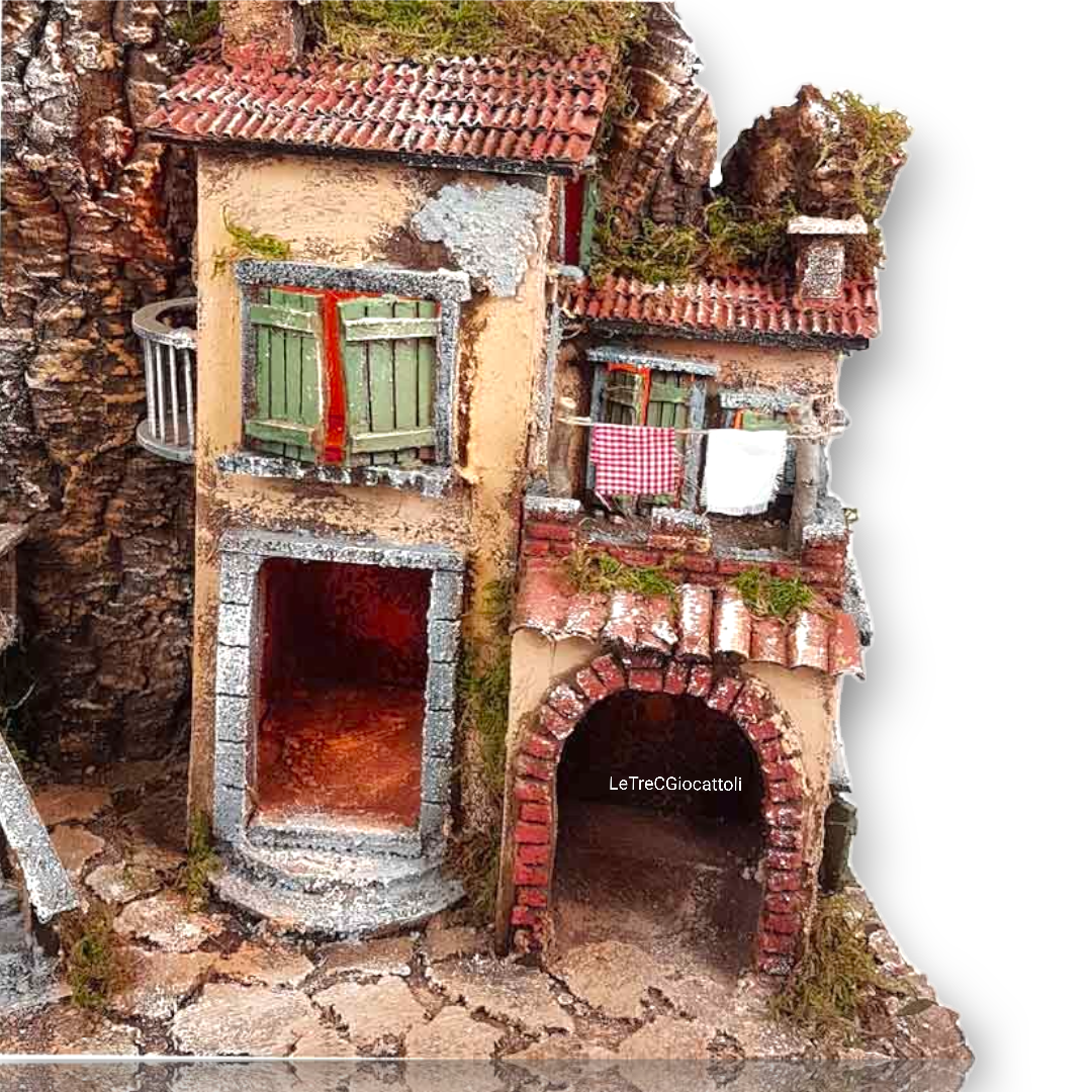Presepe casolare antico con mulino a vento e luci 60x40x51 cm
