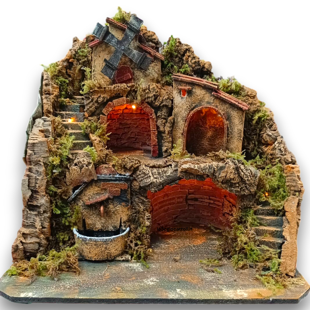 Presepe 50x40x47 Mulino e Fontana Rossi