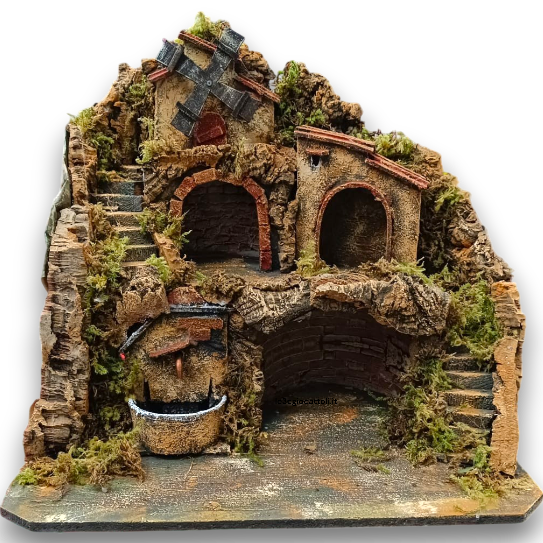 Presepe 50x40x47 Mulino e Fontana Rossi