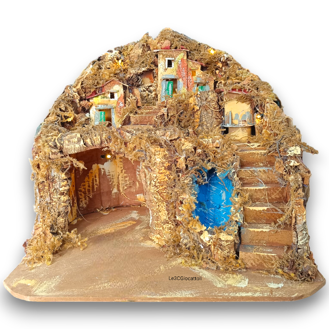 Presepe paesaggistico napoletano artigianale con luci led