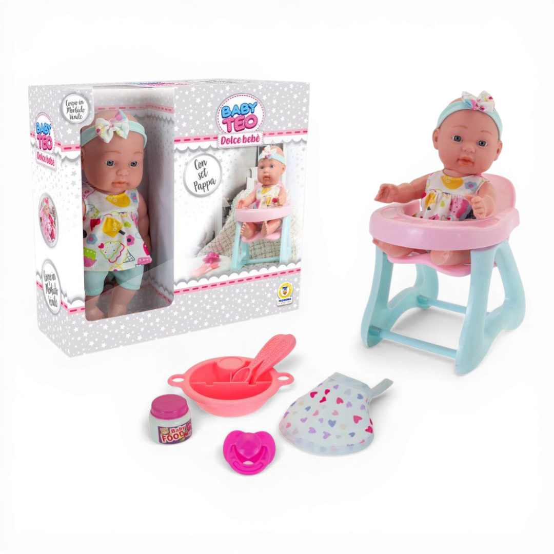 Baby Teo Dolce Bebe Set Con Pappa e Seggiolino