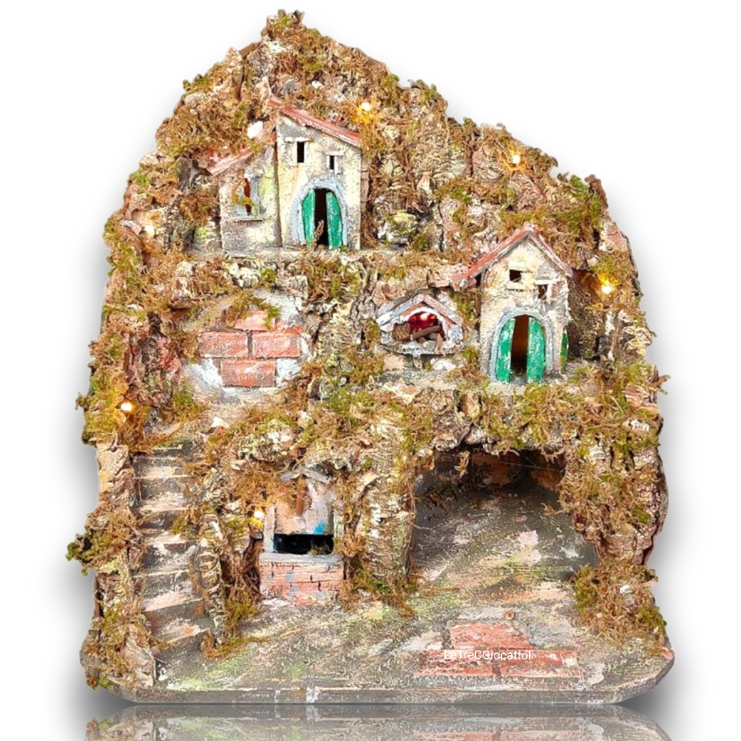 Presepe Napoletano artigianale L51xH50xP41 con Fontana